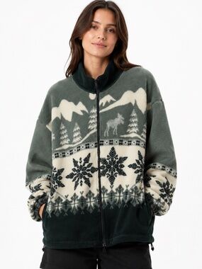 Ezze Wear Nordic Fleece Zip Jacket Green Snowflake Moose Canada Size M – Cozy